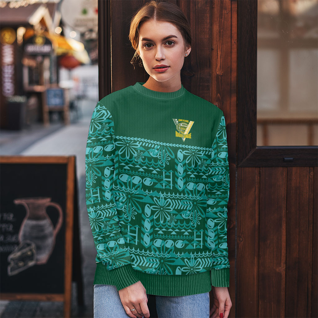 Cook Islands Island Floral Ugly Christmas Sweater Teal Traditional Kuki's Geometric Pattern LT9 - Polynesian Pride