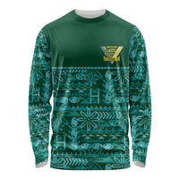 Cook Islands Island Floral Long Sleeve Shirt Teal Traditional Kuki's Geometric Pattern LT9 Unisex Teal - Polynesian Pride