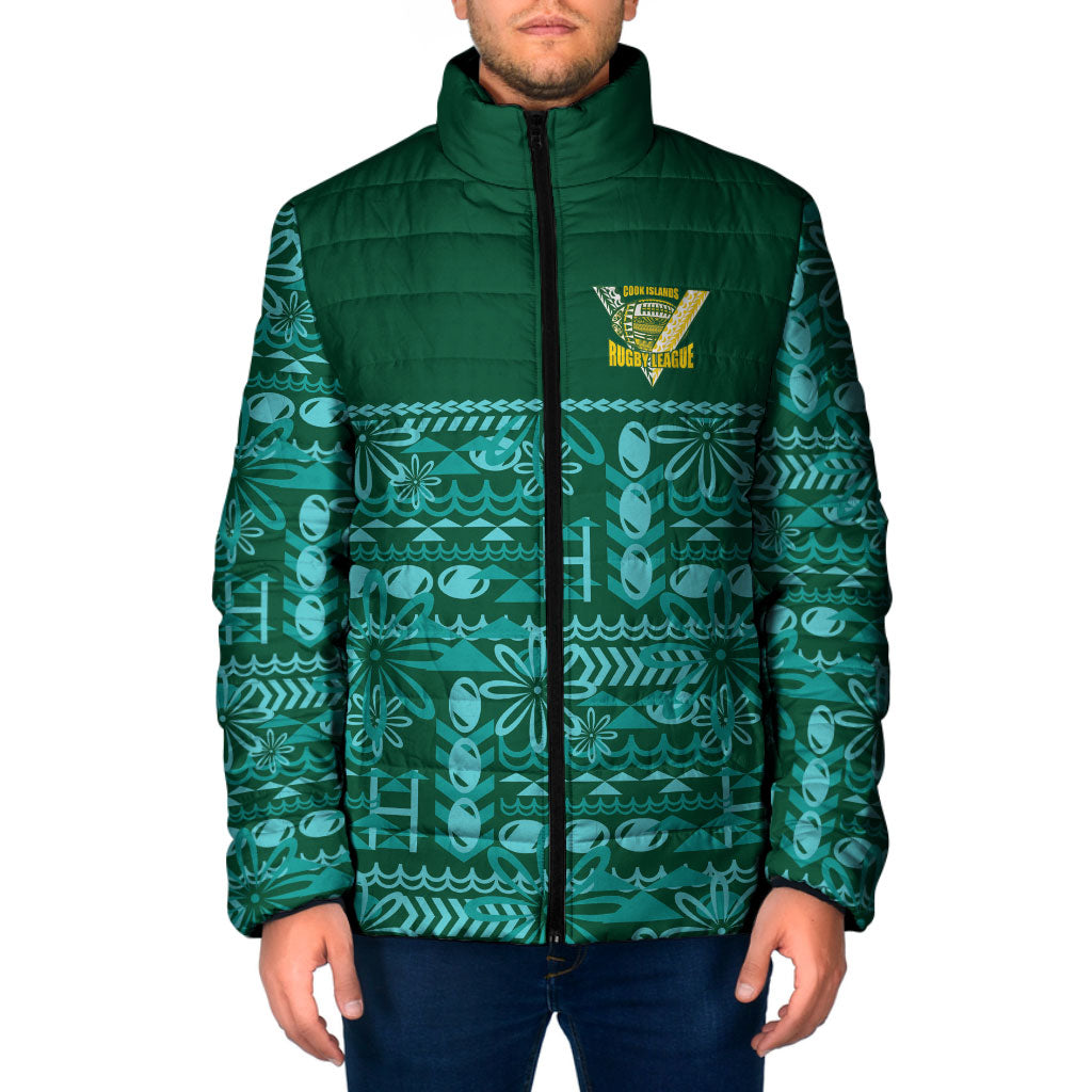 Cook Islands Island Floral Padded Jacket Teal Traditional Kuki's Geometric Pattern LT9 Men Teal - Polynesian Pride