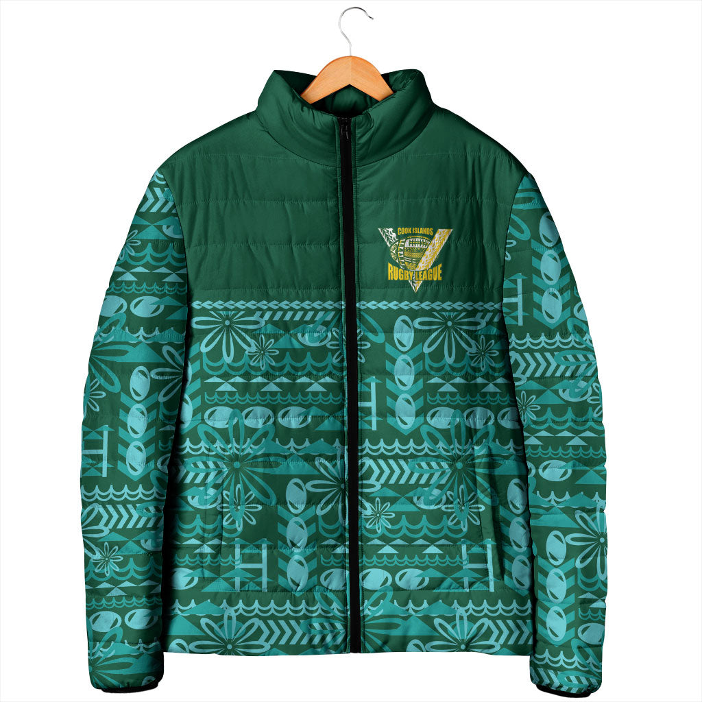 Cook Islands Island Floral Padded Jacket Teal Traditional Kuki's Geometric Pattern LT9 - Polynesian Pride