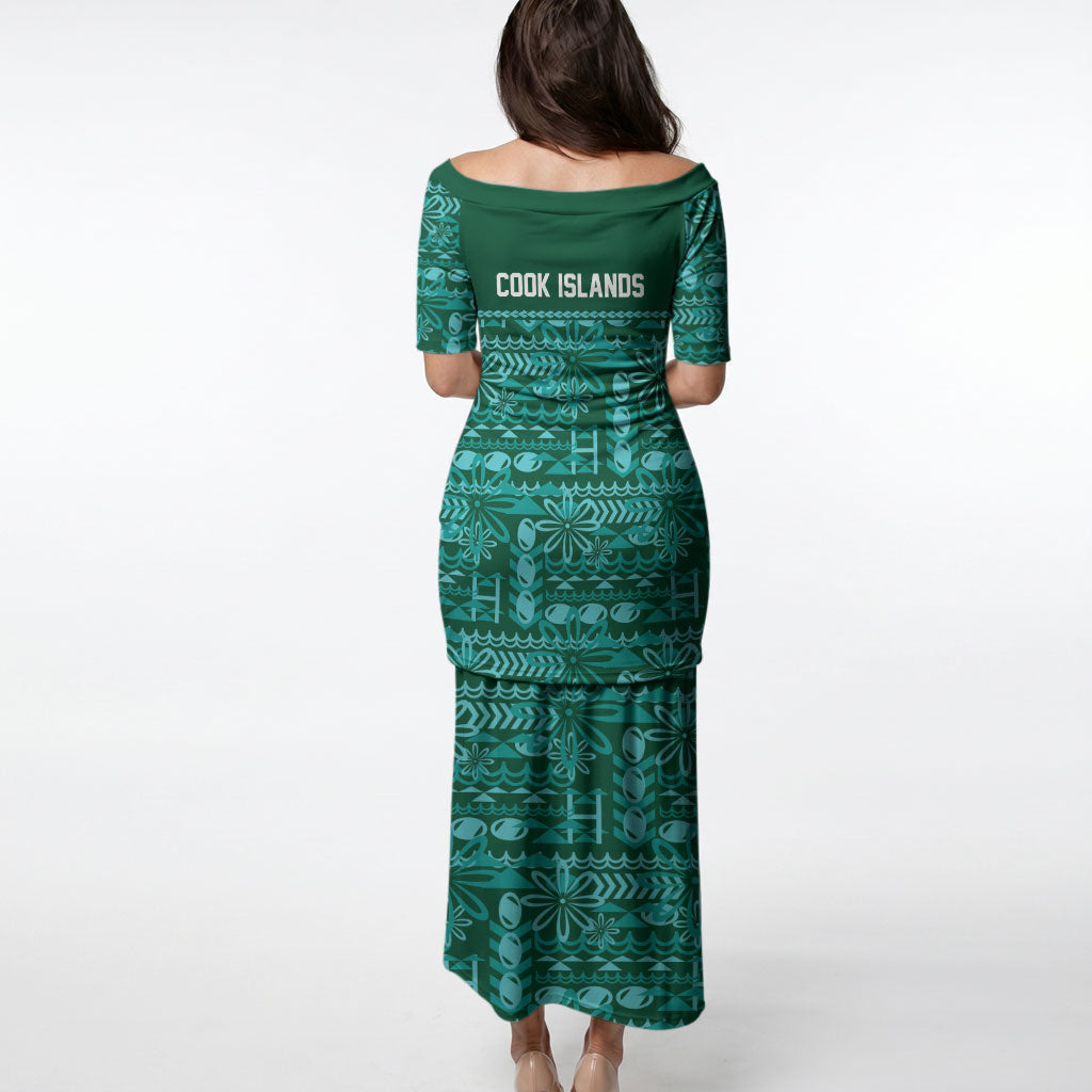 Cook Islands Island Floral Puletasi Teal Traditional Kuki's Geometric Pattern LT9 - Polynesian Pride