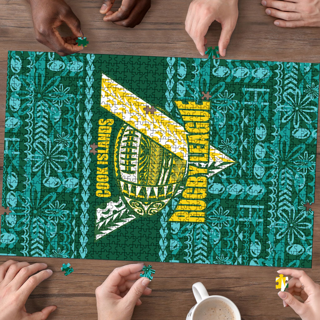 Cook Islands Island Floral Puzzle Teal Traditional Kuki's Geometric Pattern