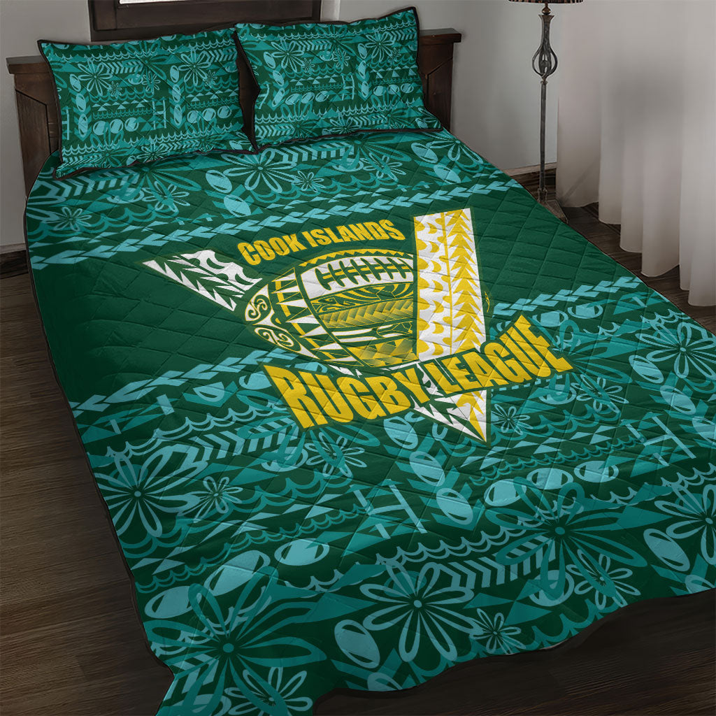 Cook Islands Island Floral Quilt Bed Set Teal Traditional Kuki's Geometric Pattern