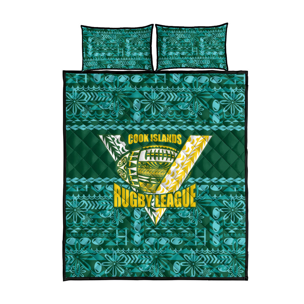 Cook Islands Island Floral Quilt Bed Set Teal Traditional Kuki's Geometric Pattern
