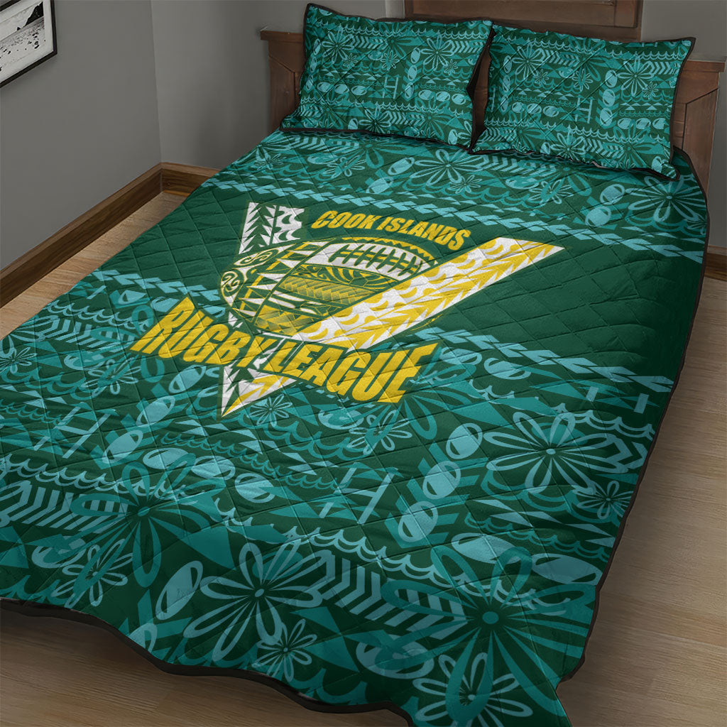 Cook Islands Island Floral Quilt Bed Set Teal Traditional Kuki's Geometric Pattern