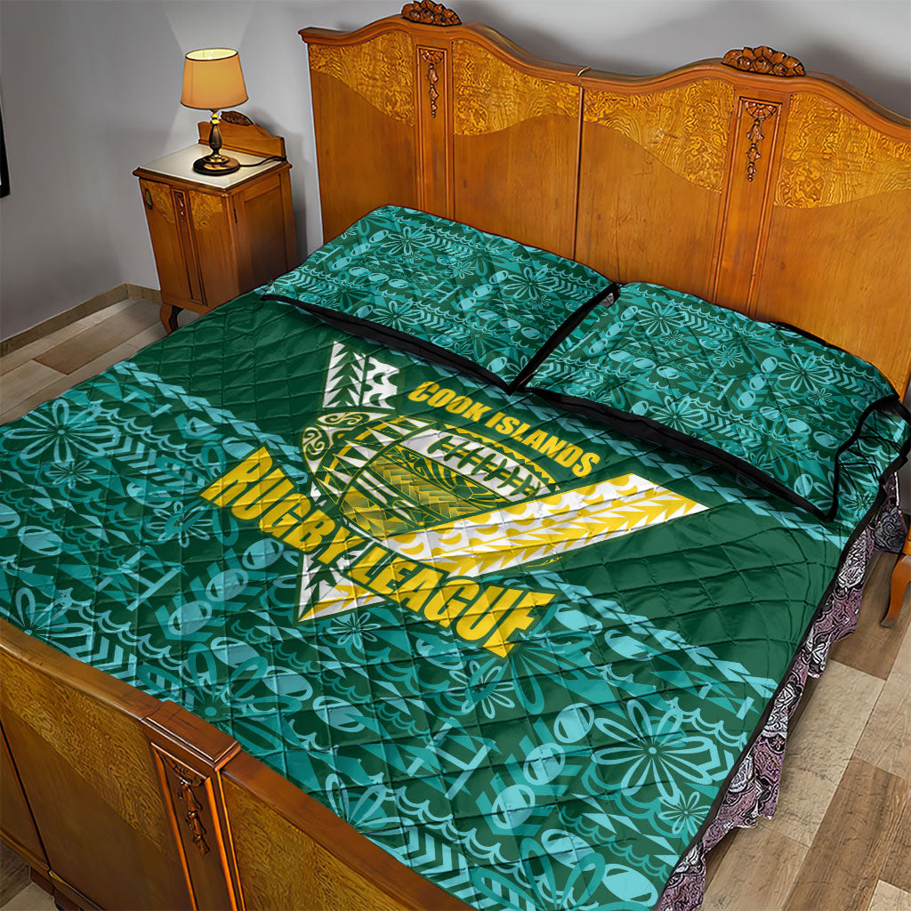 Cook Islands Island Floral Quilt Bed Set Teal Traditional Kuki's Geometric Pattern