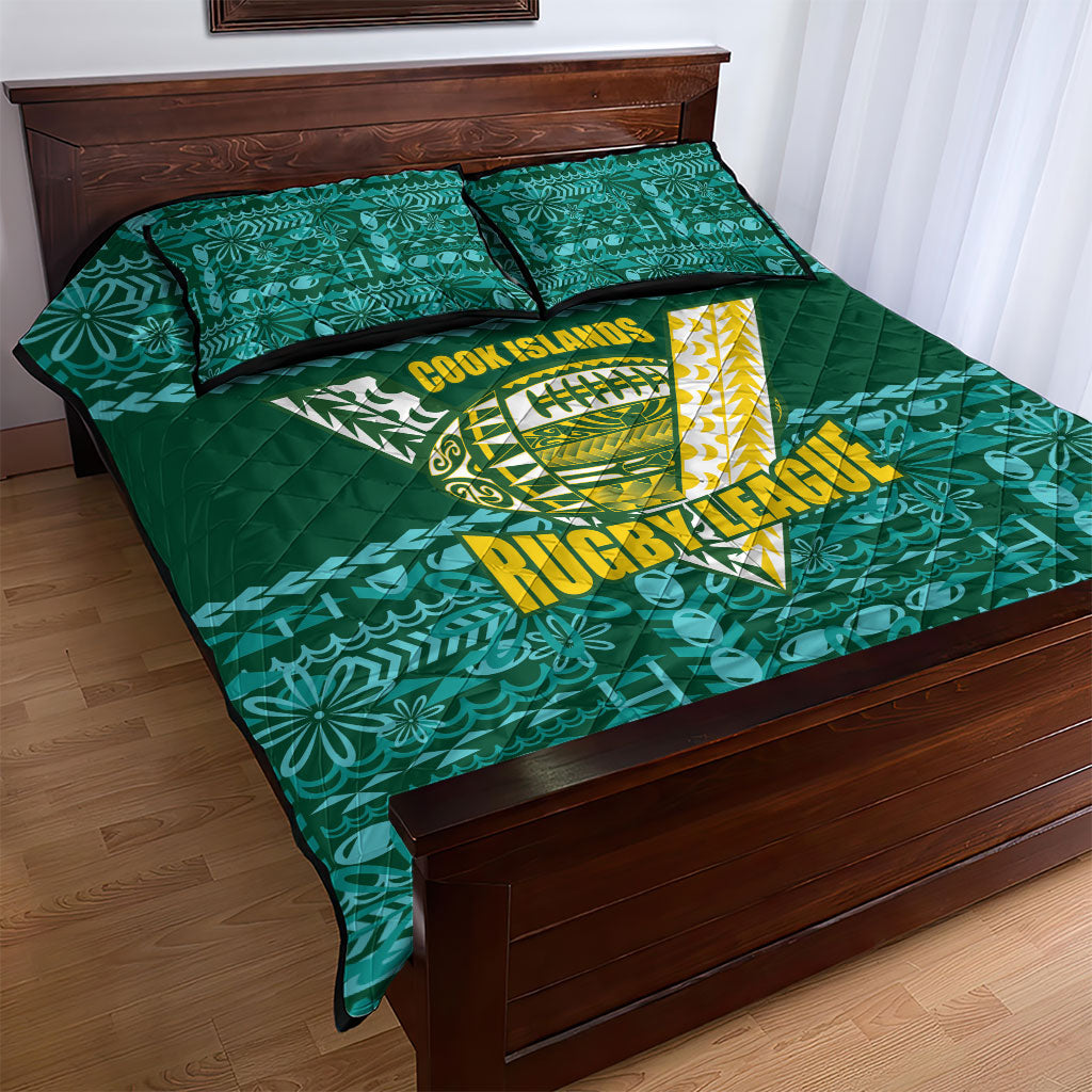 Cook Islands Island Floral Quilt Bed Set Teal Traditional Kuki's Geometric Pattern