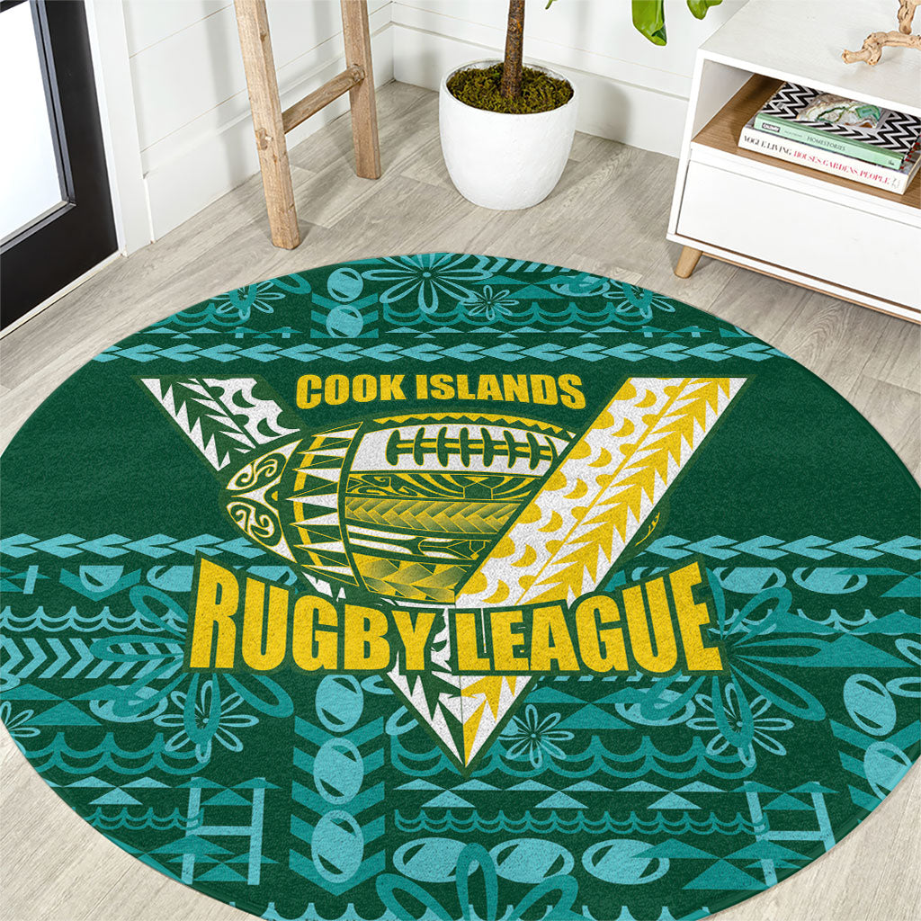 Cook Islands Island Floral Round Carpet Teal Traditional Kuki's Geometric Pattern