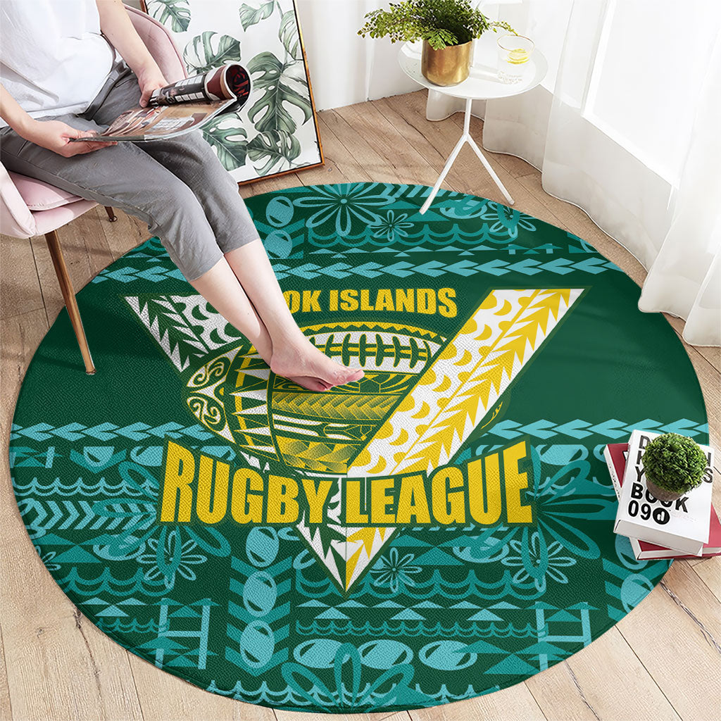 Cook Islands Island Floral Round Carpet Teal Traditional Kuki's Geometric Pattern