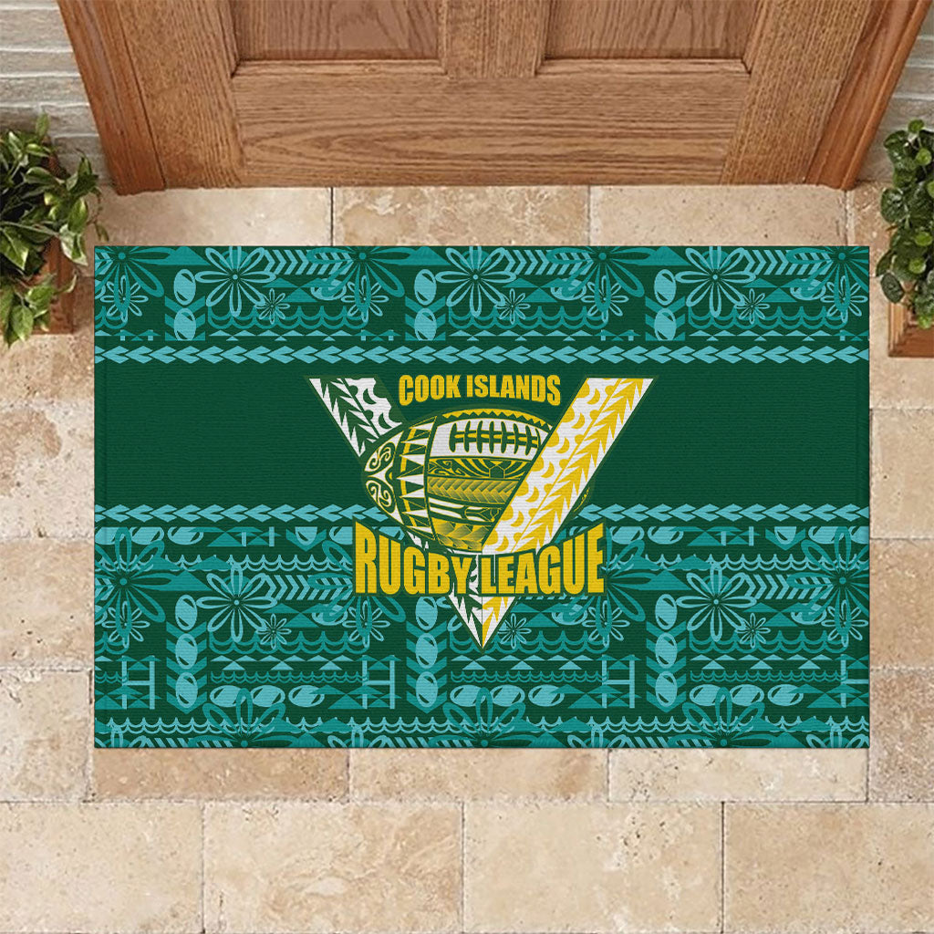 Cook Islands Island Floral Rubber Doormat Teal Traditional Kuki's Geometric Pattern