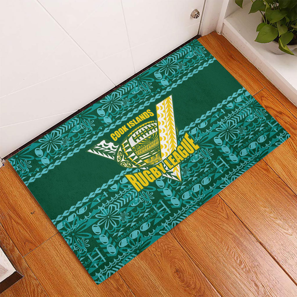 Cook Islands Island Floral Rubber Doormat Teal Traditional Kuki's Geometric Pattern