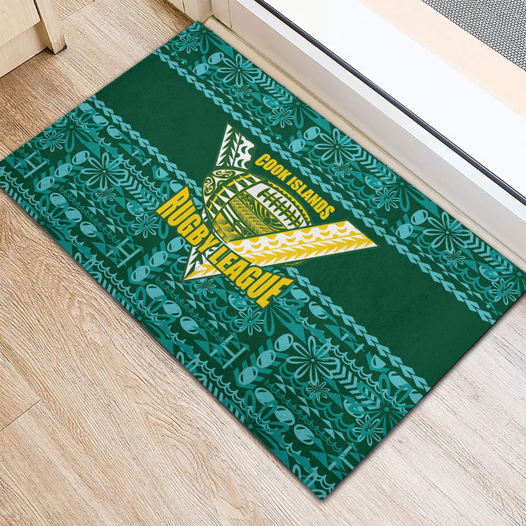 Cook Islands Island Floral Rubber Doormat Teal Traditional Kuki's Geometric Pattern