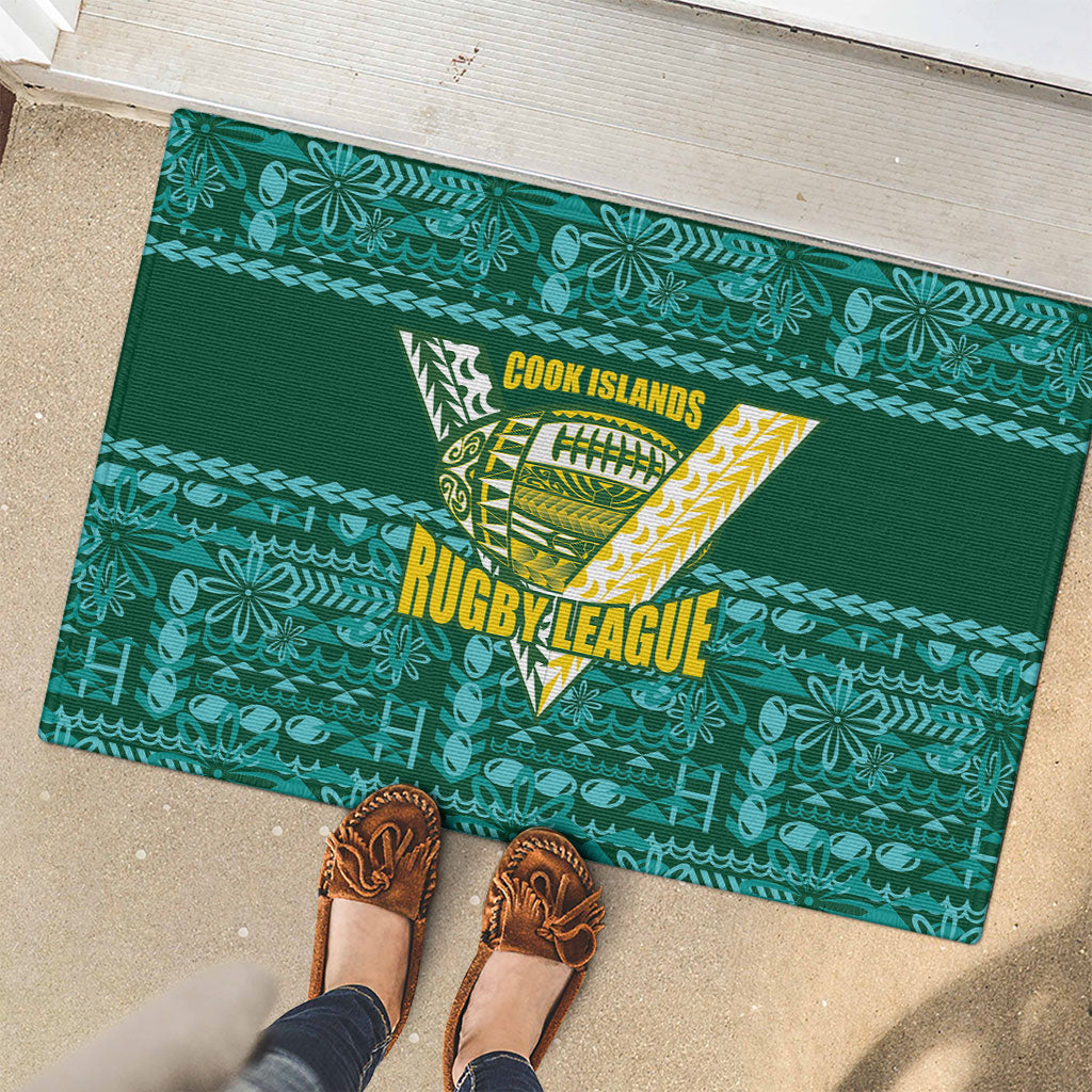 Cook Islands Island Floral Rubber Doormat Teal Traditional Kuki's Geometric Pattern