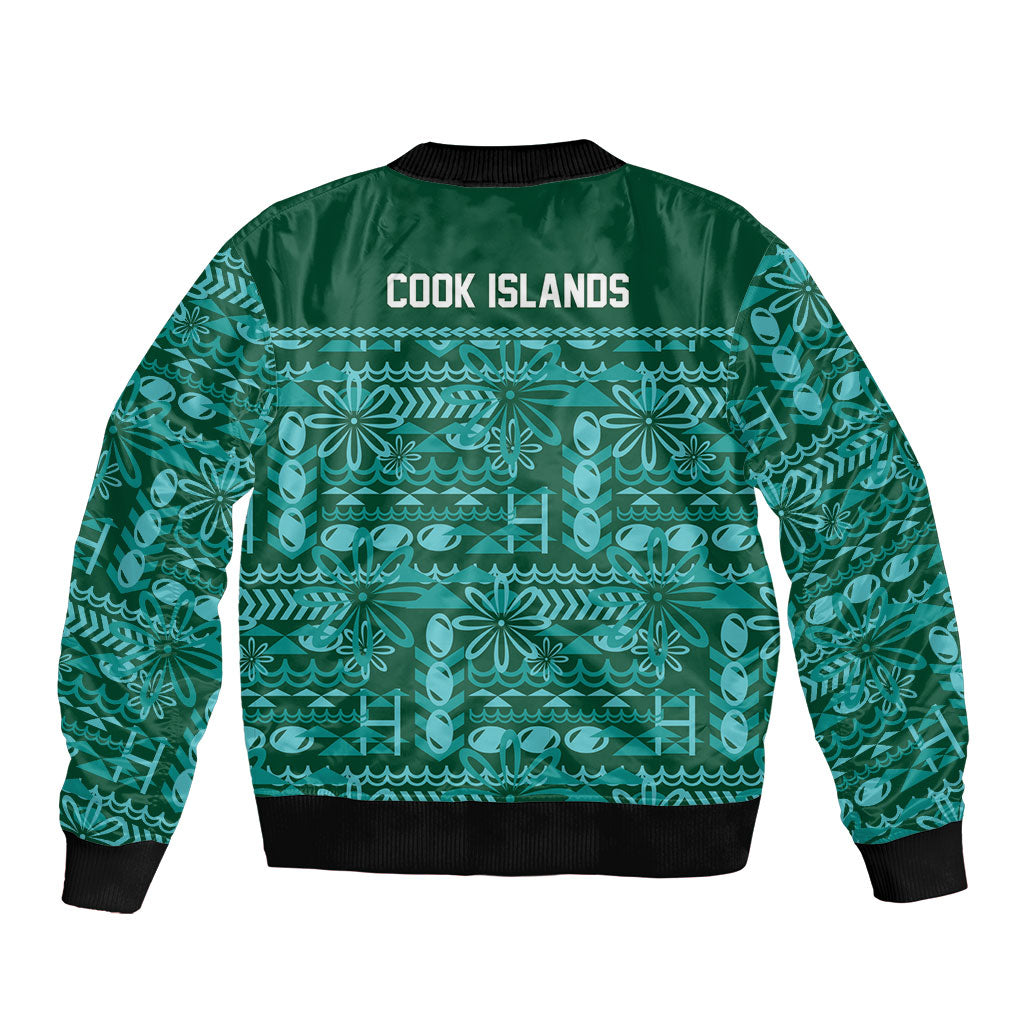 Cook Islands Island Floral Sleeve Zip Bomber Jacket Teal Traditional Kuki's Geometric Pattern LT9 - Polynesian Pride