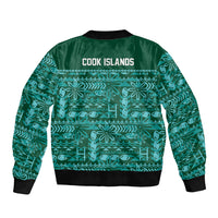 Cook Islands Island Floral Sleeve Zip Bomber Jacket Teal Traditional Kuki's Geometric Pattern LT9 - Polynesian Pride
