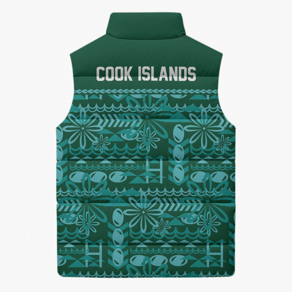 Cook Islands Island Floral Sleeveless Puffer Jacket Teal Traditional Kuki's Geometric Pattern LT9 - Polynesian Pride