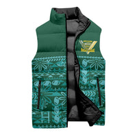Cook Islands Island Floral Sleeveless Puffer Jacket Teal Traditional Kuki's Geometric Pattern LT9 - Polynesian Pride
