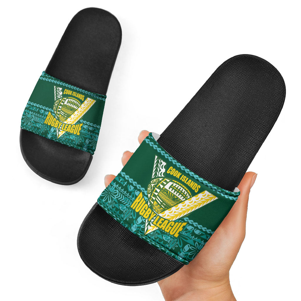 Cook Islands Island Floral Slide Sandals Teal Traditional Kuki's Geometric Pattern LT9 - Polynesian Pride