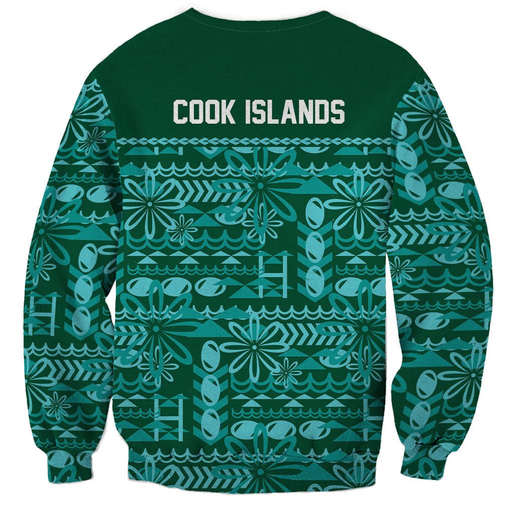 Cook Islands Island Floral Sweatshirt Teal Traditional Kuki's Geometric Pattern LT9 - Polynesian Pride