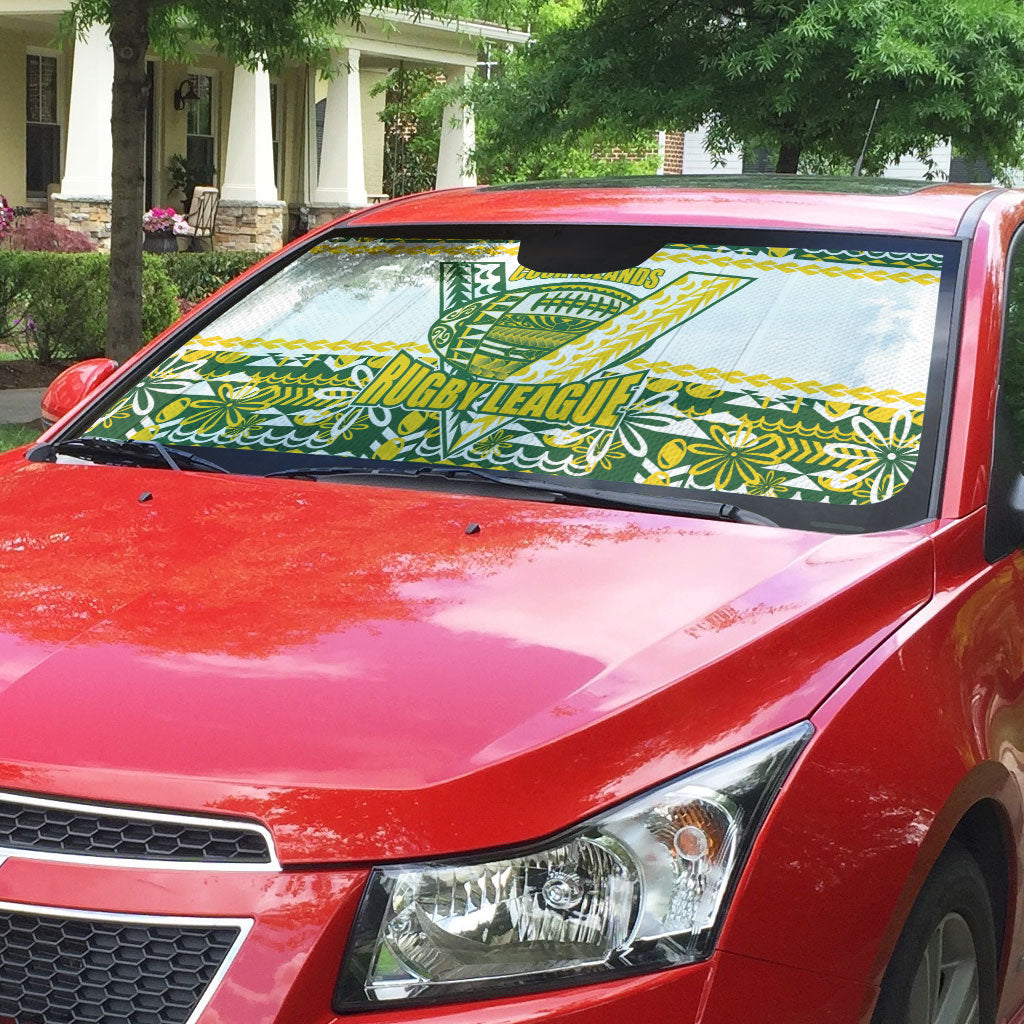 Cook Islands Island Floral Auto Sun Shade Green Traditional Kuki's Geometric Pattern LT9 - Polynesian Pride