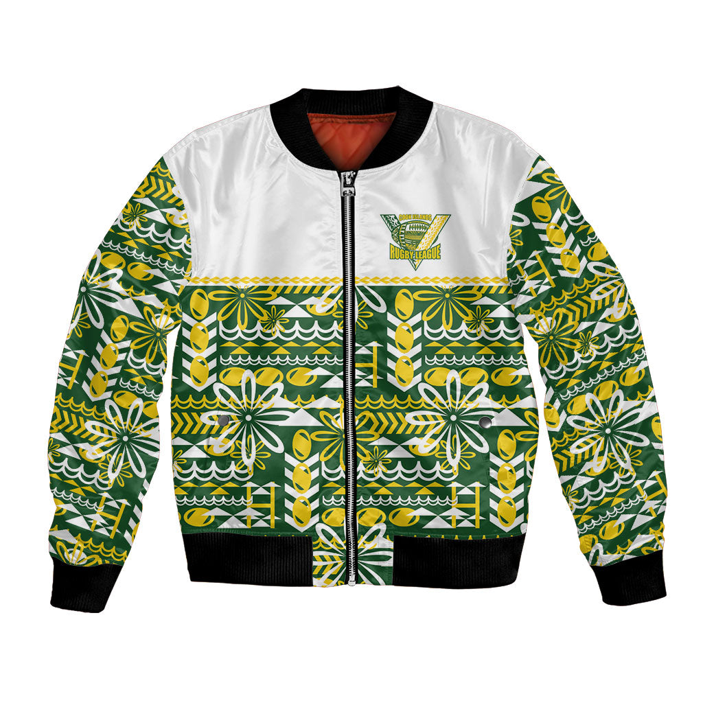 Cook Islands Island Floral Bomber Jacket Green Traditional Kuki's Geometric Pattern LT9 Unisex Green - Polynesian Pride