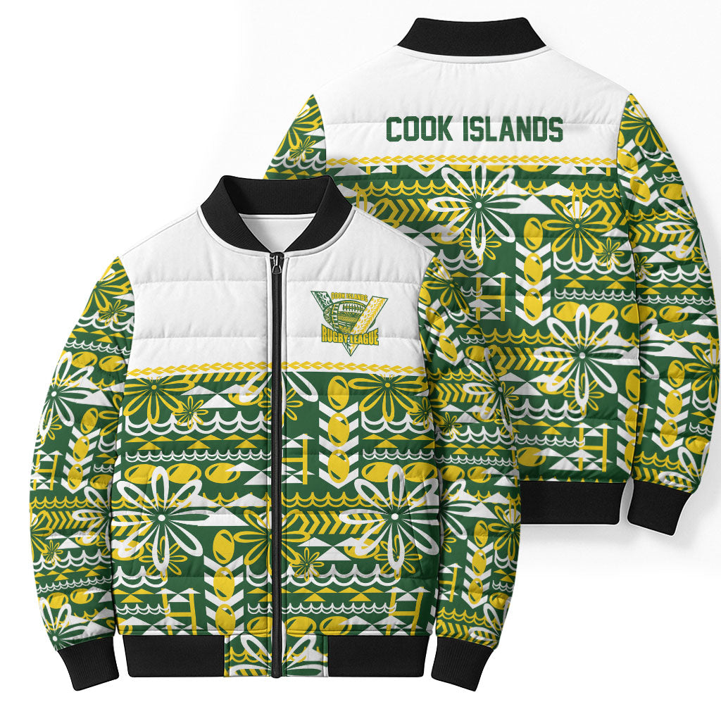 Cook Islands Island Floral Bomber Puffer Jacket Green Traditional Kuki's Geometric Pattern LT9 - Polynesian Pride