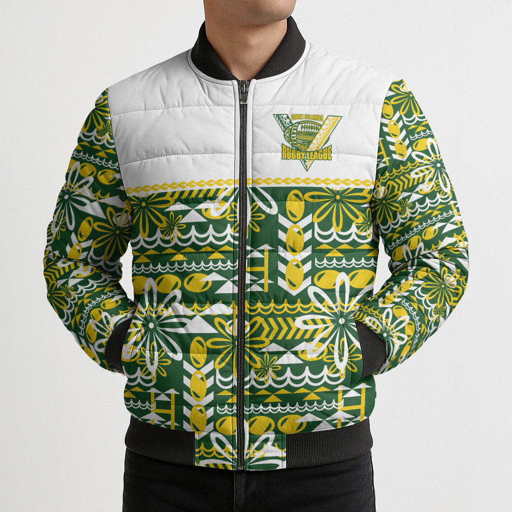 Cook Islands Island Floral Bomber Puffer Jacket Green Traditional Kuki's Geometric Pattern LT9 - Polynesian Pride