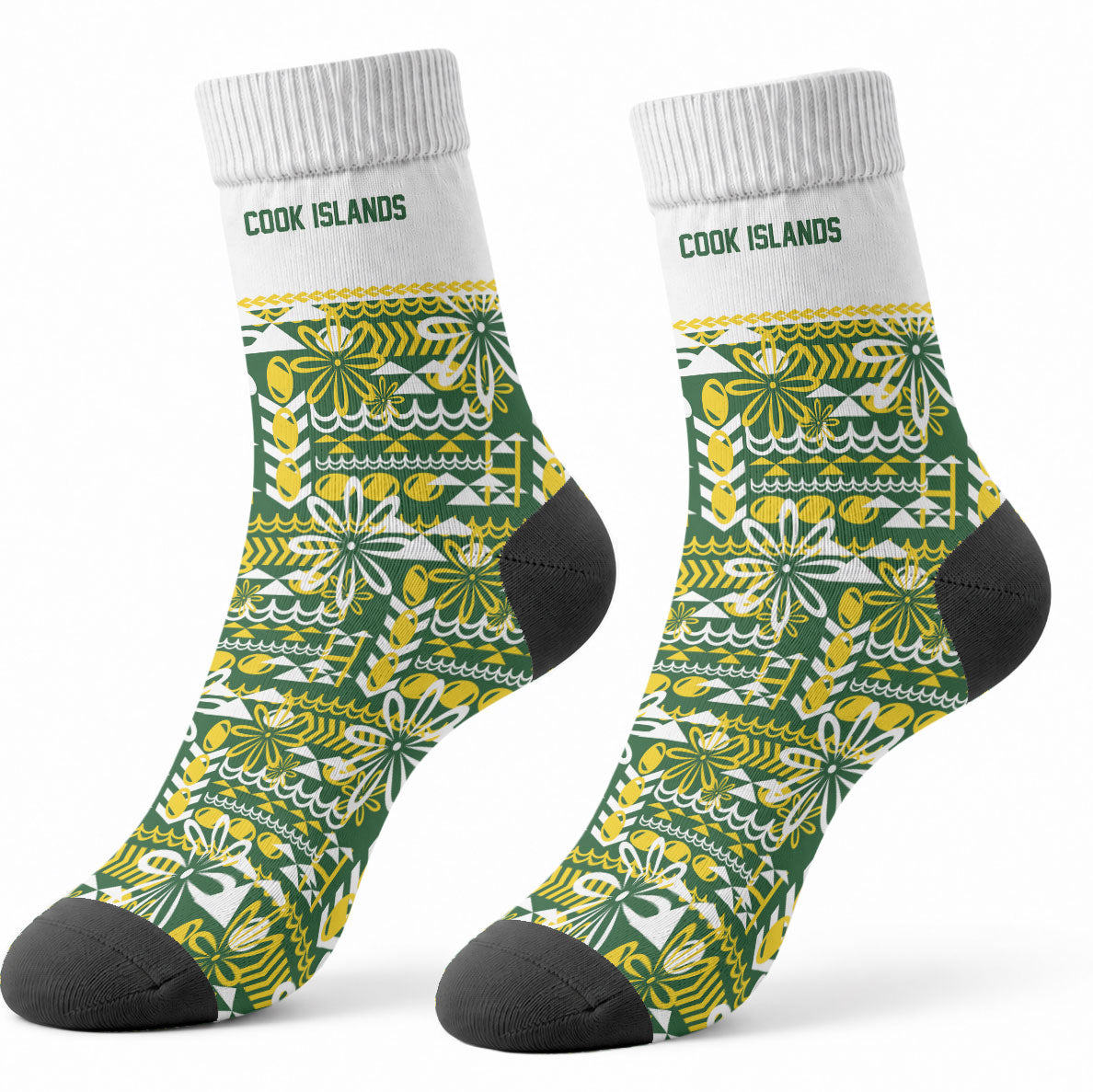 Cook Islands Island Floral Crew Socks Green Traditional Kuki's Geometric Pattern LT9 - Polynesian Pride