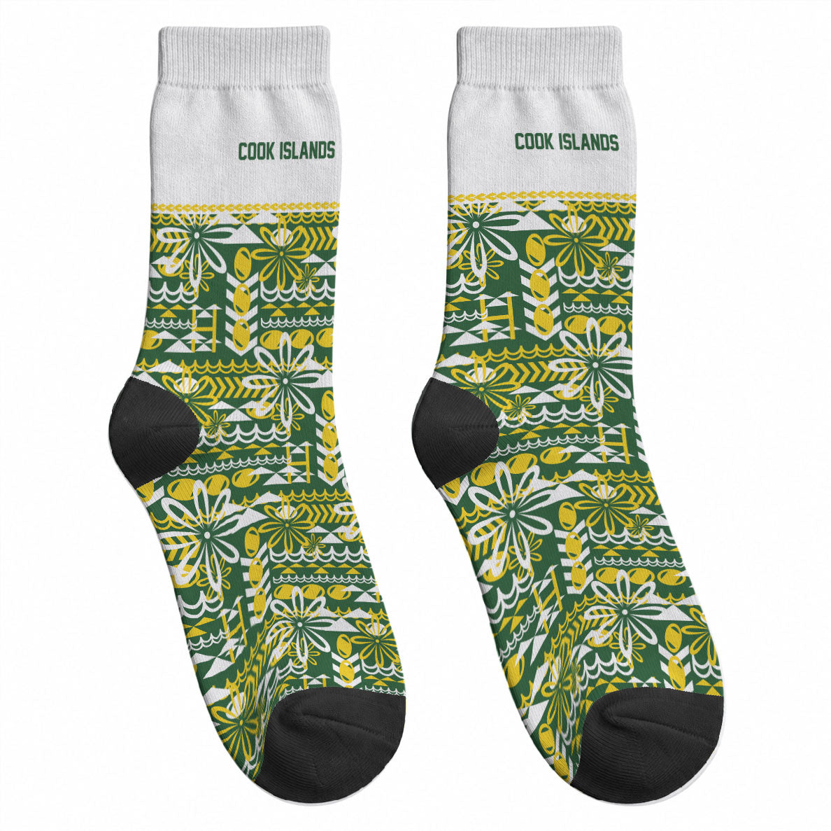 Cook Islands Island Floral Crew Socks Green Traditional Kuki's Geometric Pattern LT9 - Polynesian Pride