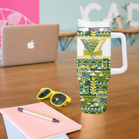 Cook Islands Island Floral Tumbler With Handle Green Traditional Kuki's Geometric Pattern LT9 - Polynesian Pride