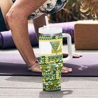 Cook Islands Island Floral Tumbler With Handle Green Traditional Kuki's Geometric Pattern LT9 - Polynesian Pride