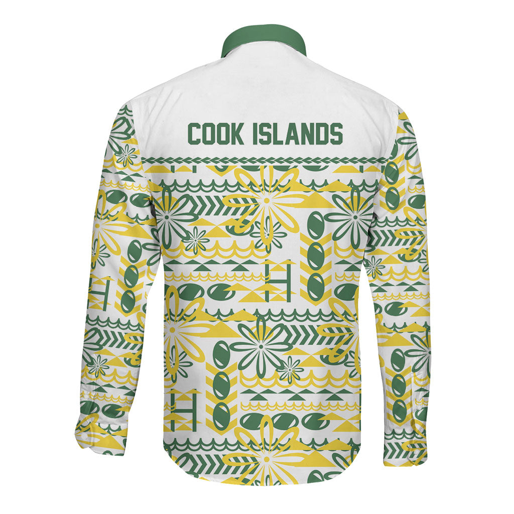Cook Islands Island Floral Long Sleeve Button Shirt White Traditional Kuki's Geometric Pattern LT9 - Polynesian Pride