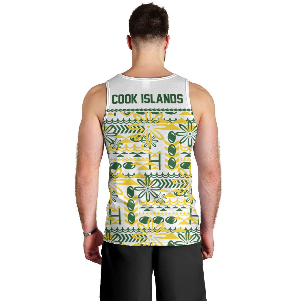 Cook Islands Island Floral Men Tank Top White Traditional Kuki's Geometric Pattern LT9 - Polynesian Pride