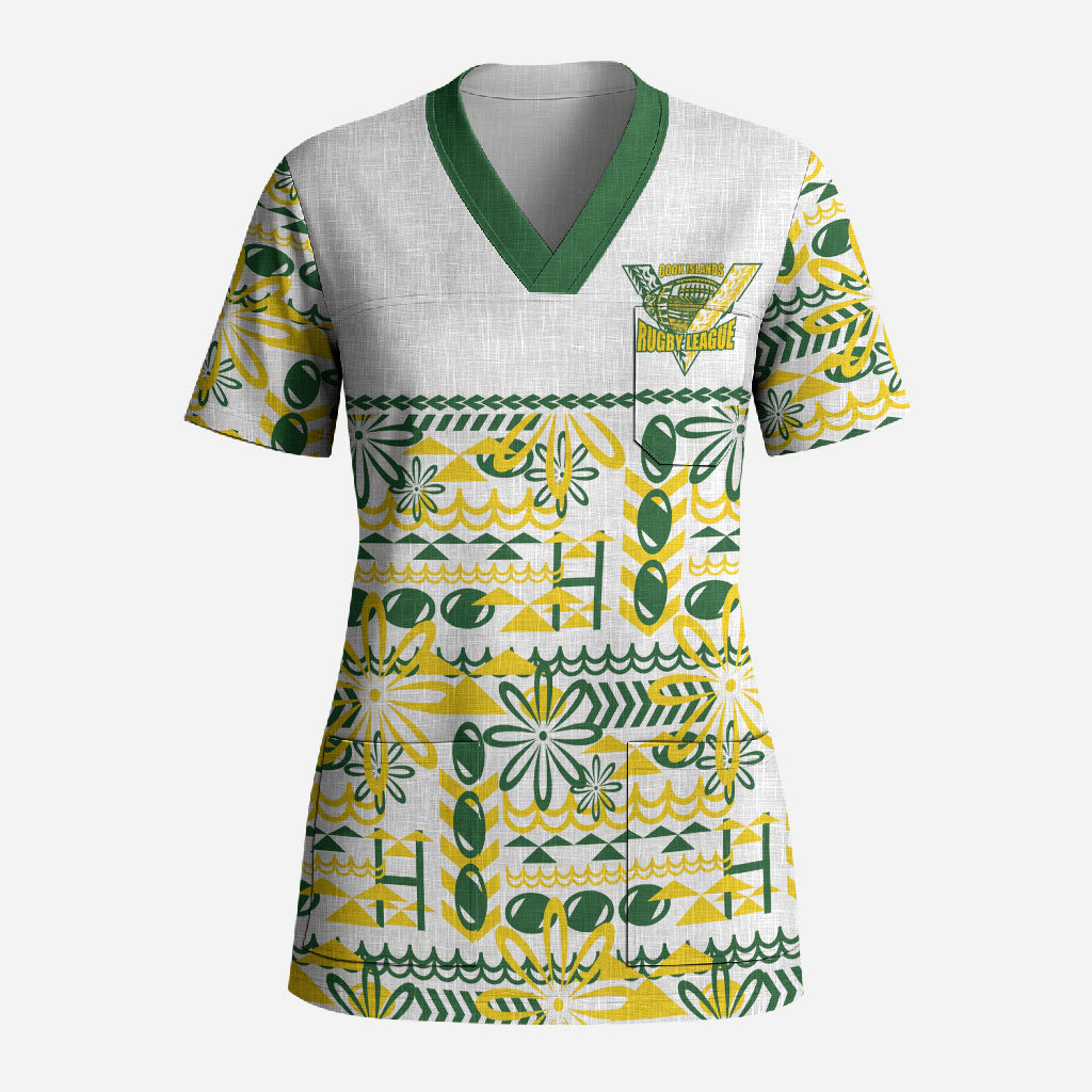 Cook Islands Island Floral Scrub Top White Traditional Kuki's Geometric Pattern LT9 Adult White - Polynesian Pride