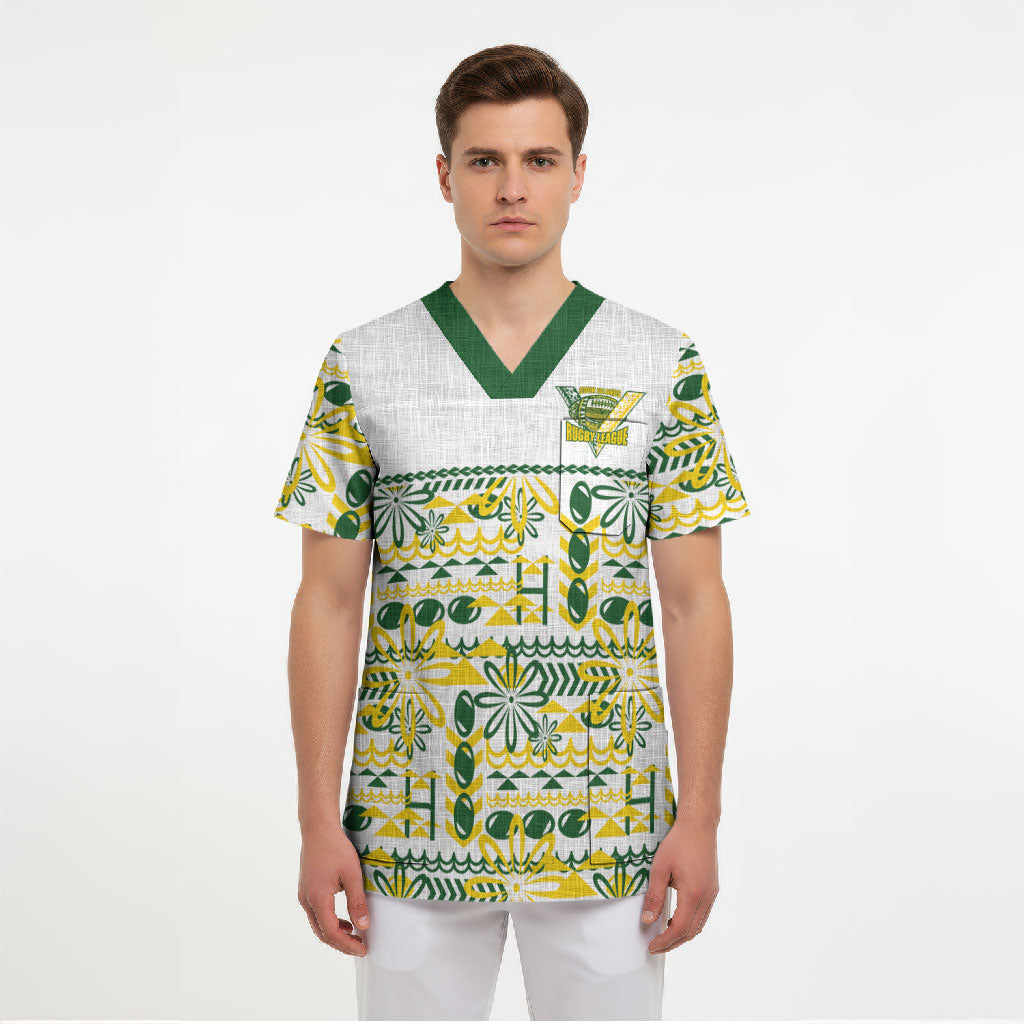 Cook Islands Island Floral Scrub Top White Traditional Kuki's Geometric Pattern LT9 - Polynesian Pride