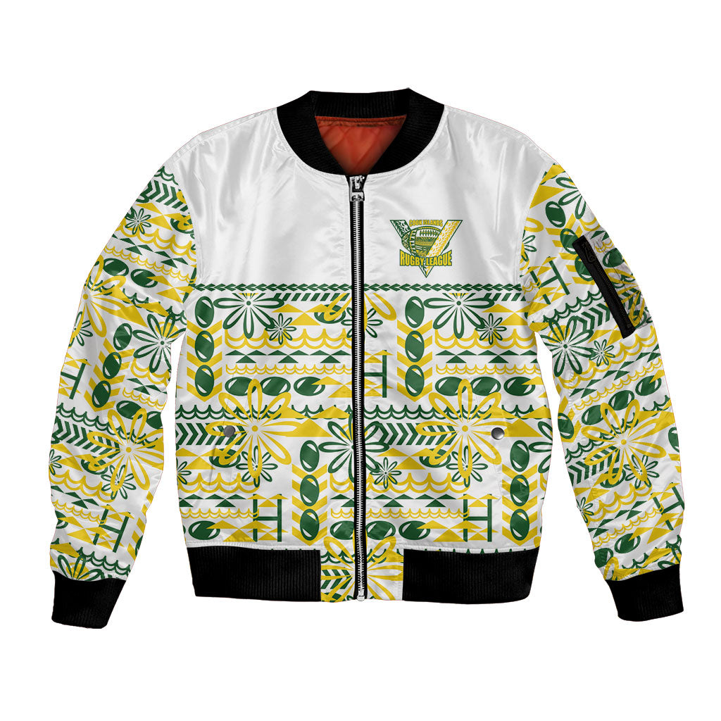 Cook Islands Island Floral Sleeve Zip Bomber Jacket White Traditional Kuki's Geometric Pattern LT9 Unisex White - Polynesian Pride
