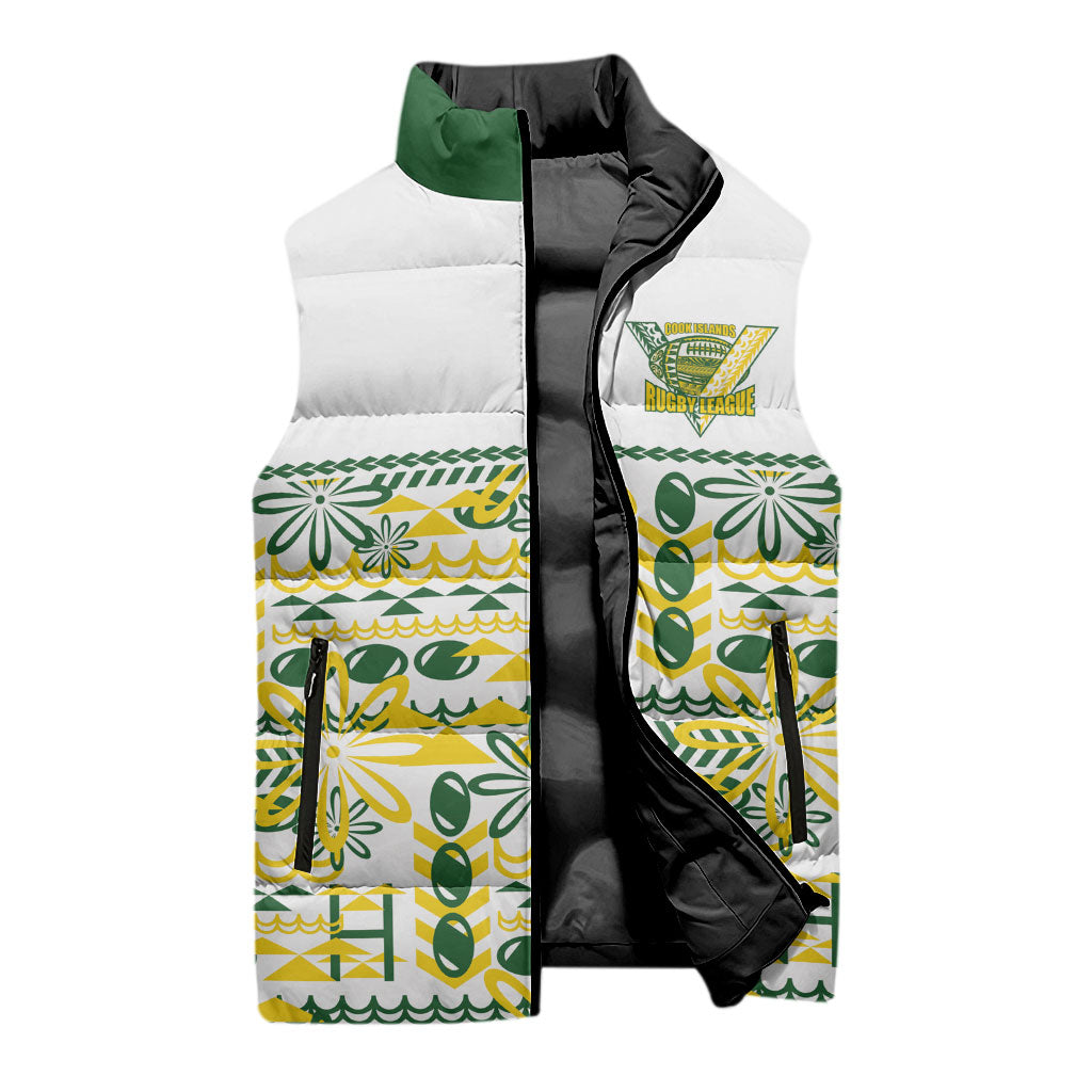 Cook Islands Island Floral Sleeveless Puffer Jacket White Traditional Kuki's Geometric Pattern LT9 - Polynesian Pride