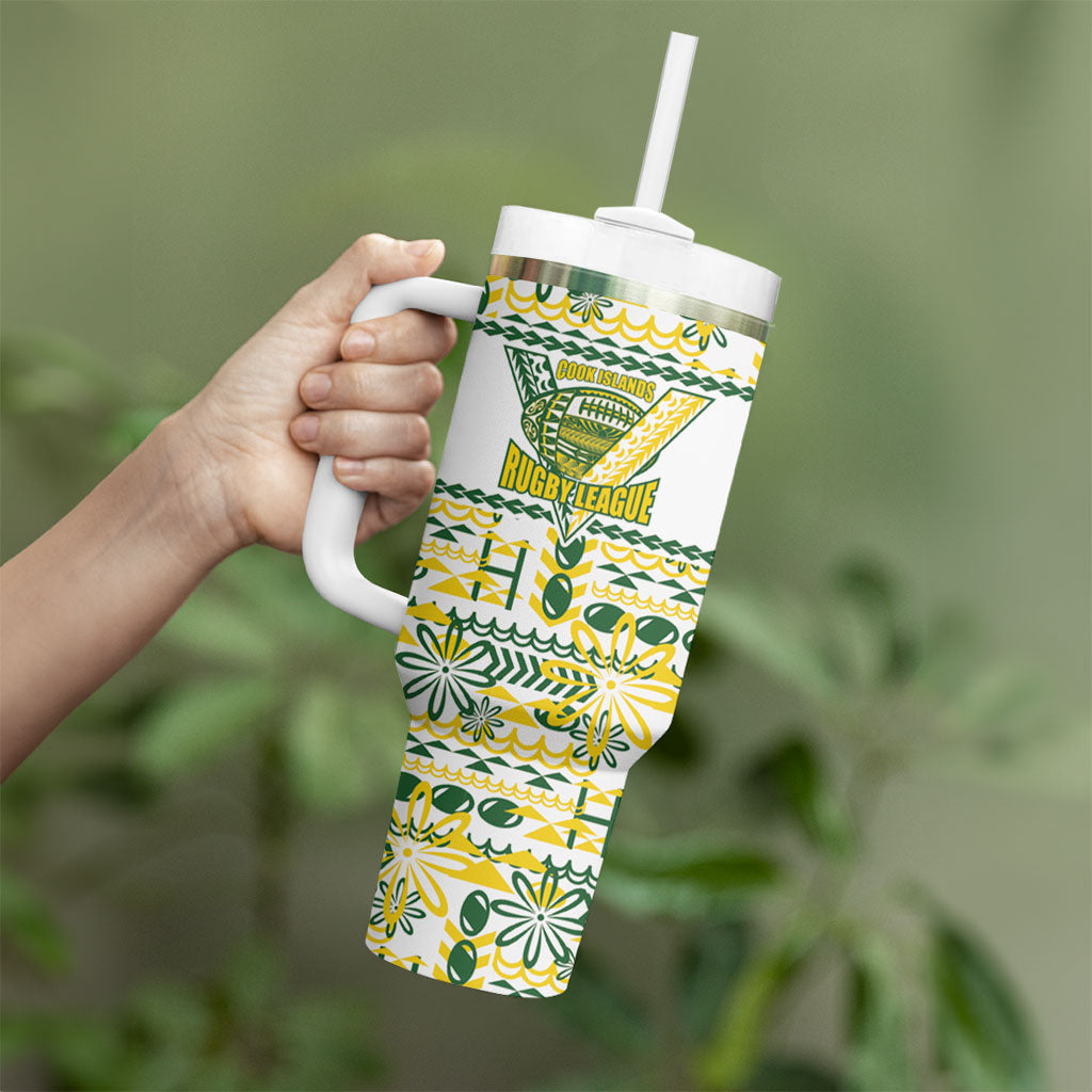 Cook Islands Island Floral Tumbler With Handle White Traditional Kuki's Geometric Pattern LT9 - Polynesian Pride