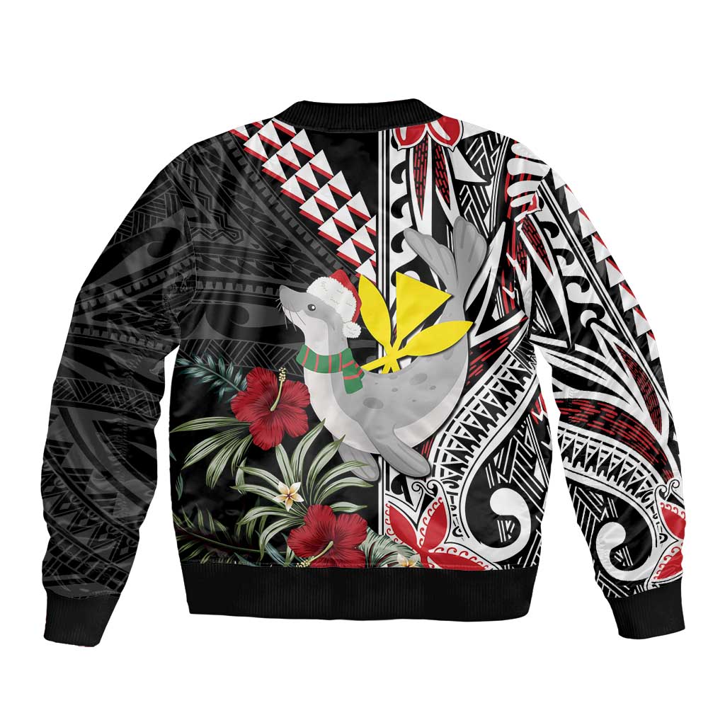 Hawaii Monk Seal Santa Bomber Jacket Hibiscus Kakau Pattern Mele Kalikimaka LT9 - Polynesian Pride