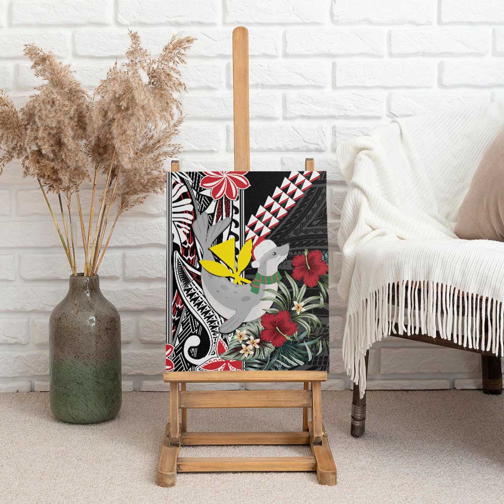 Hawaii Monk Seal Santa Canvas Wall Art Hibiscus Kakau Pattern Mele Kalikimaka