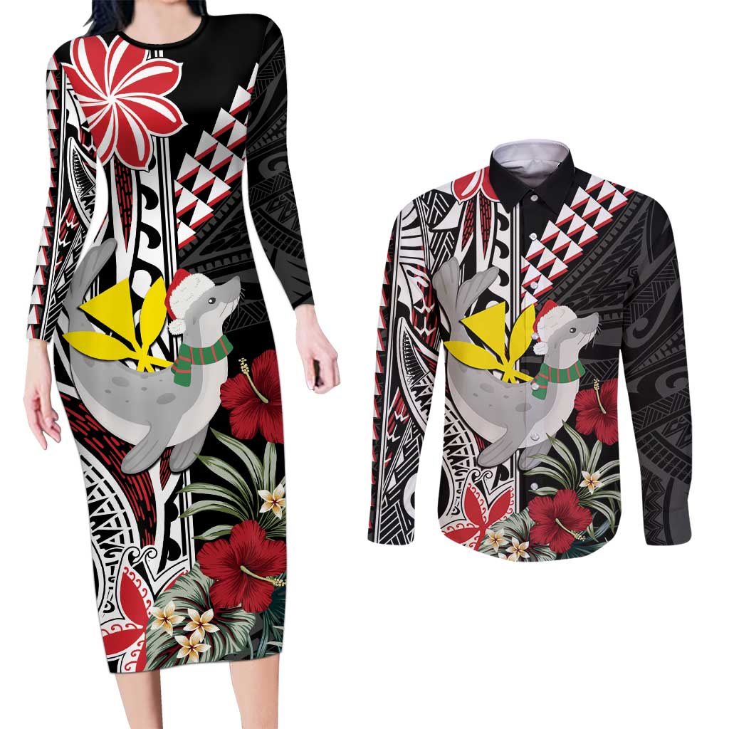Hawaii Monk Seal Santa Couples Matching Long Sleeve Bodycon Dress and Long Sleeve Button Shirt Hibiscus Kakau Pattern Mele Kalikimaka LT9 Black - Polynesian Pride