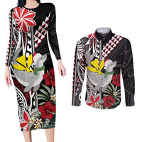 Hawaii Monk Seal Santa Couples Matching Long Sleeve Bodycon Dress and Long Sleeve Button Shirt Hibiscus Kakau Pattern Mele Kalikimaka LT9 Black - Polynesian Pride