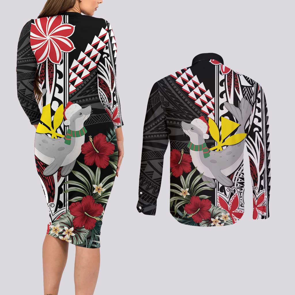 Hawaii Monk Seal Santa Couples Matching Long Sleeve Bodycon Dress and Long Sleeve Button Shirt Hibiscus Kakau Pattern Mele Kalikimaka LT9 - Polynesian Pride