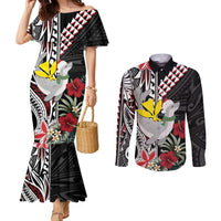 Hawaii Monk Seal Santa Couples Matching Mermaid Dress and Long Sleeve Button Shirt Hibiscus Kakau Pattern Mele Kalikimaka LT9 Black - Polynesian Pride