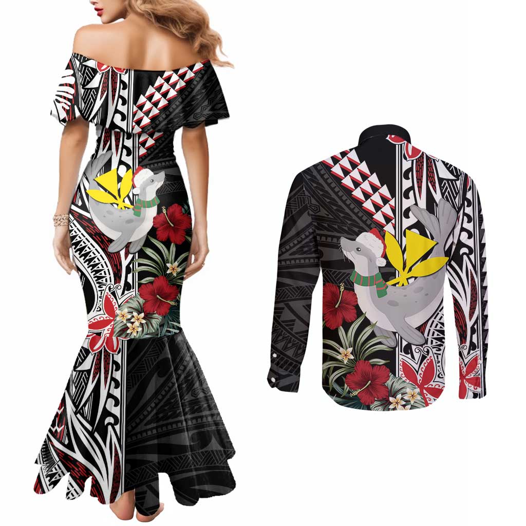 Hawaii Monk Seal Santa Couples Matching Mermaid Dress and Long Sleeve Button Shirt Hibiscus Kakau Pattern Mele Kalikimaka LT9 - Polynesian Pride