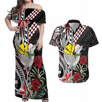 Hawaii Monk Seal Santa Couples Matching Off Shoulder Maxi Dress and Hawaiian Shirt Hibiscus Kakau Pattern Mele Kalikimaka LT9 Black - Polynesian Pride