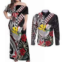Hawaii Monk Seal Santa Couples Matching Off Shoulder Maxi Dress and Long Sleeve Button Shirt Hibiscus Kakau Pattern Mele Kalikimaka LT9 Black - Polynesian Pride