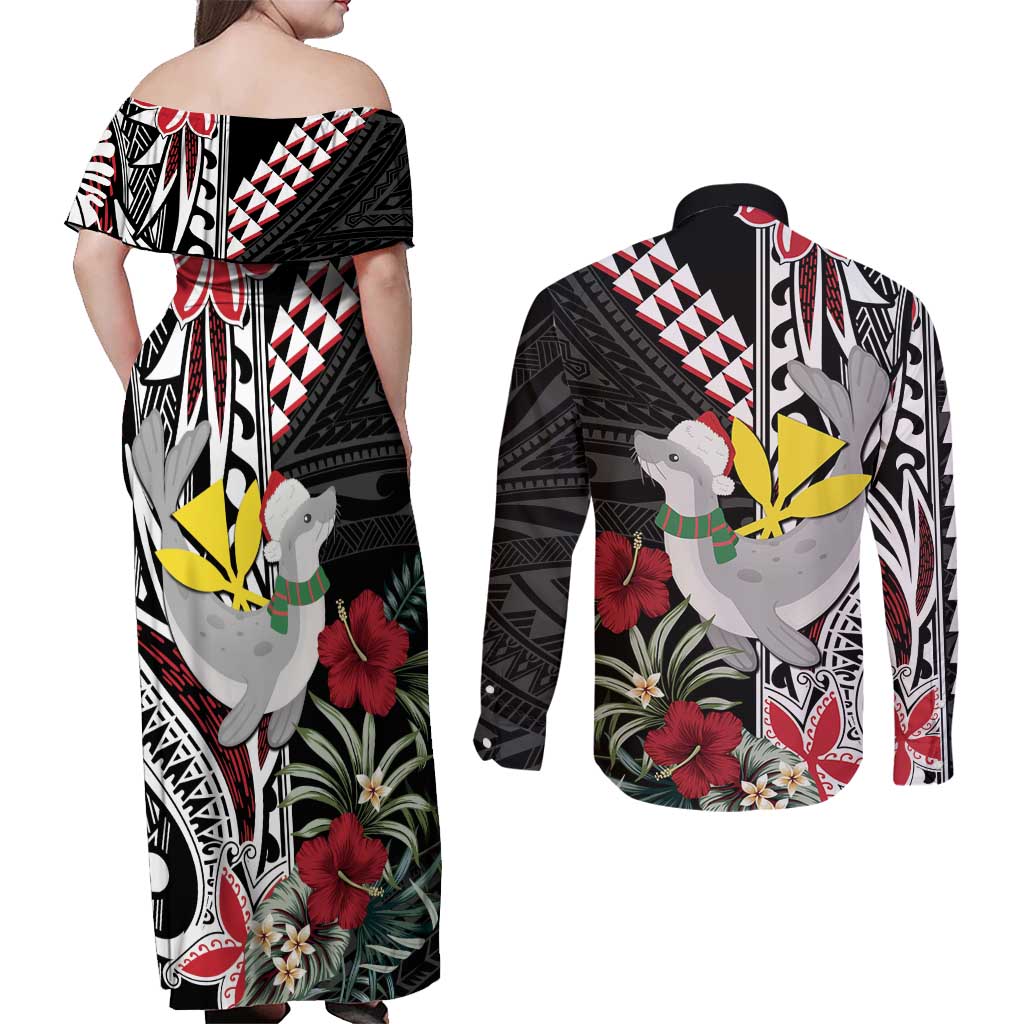 Hawaii Monk Seal Santa Couples Matching Off Shoulder Maxi Dress and Long Sleeve Button Shirt Hibiscus Kakau Pattern Mele Kalikimaka LT9 - Polynesian Pride
