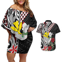 Hawaii Monk Seal Santa Couples Matching Off Shoulder Short Dress and Hawaiian Shirt Hibiscus Kakau Pattern Mele Kalikimaka LT9 Black - Polynesian Pride