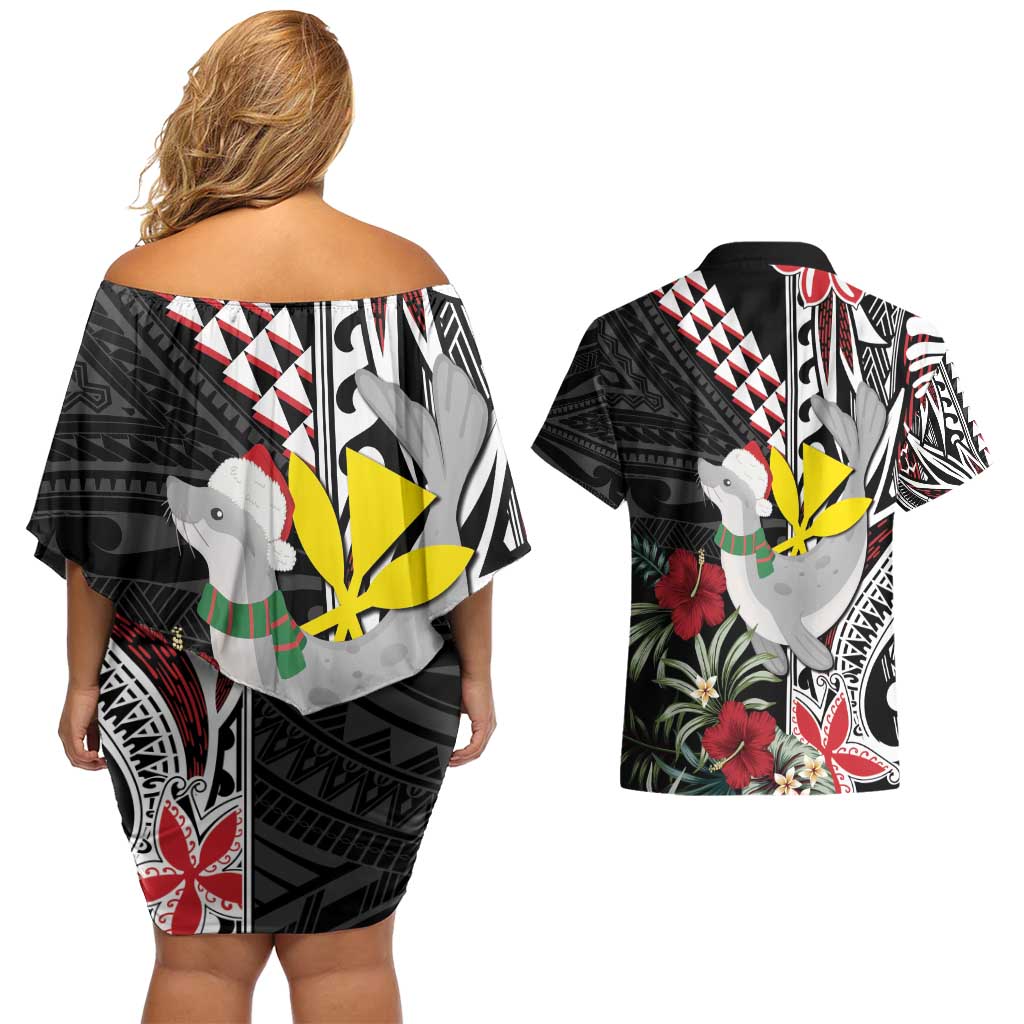 Hawaii Monk Seal Santa Couples Matching Off Shoulder Short Dress and Hawaiian Shirt Hibiscus Kakau Pattern Mele Kalikimaka LT9 - Polynesian Pride